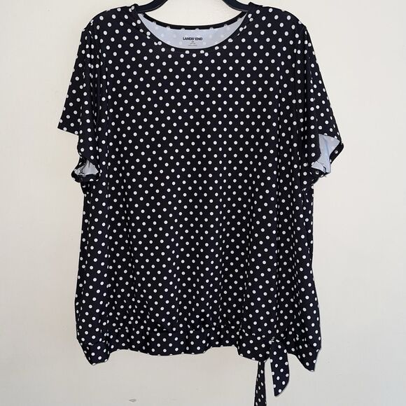 Lands End Polka Dots Knit Top Size 2X Womans White Short Sleeves Tie Knot - Picture 1 of 8
